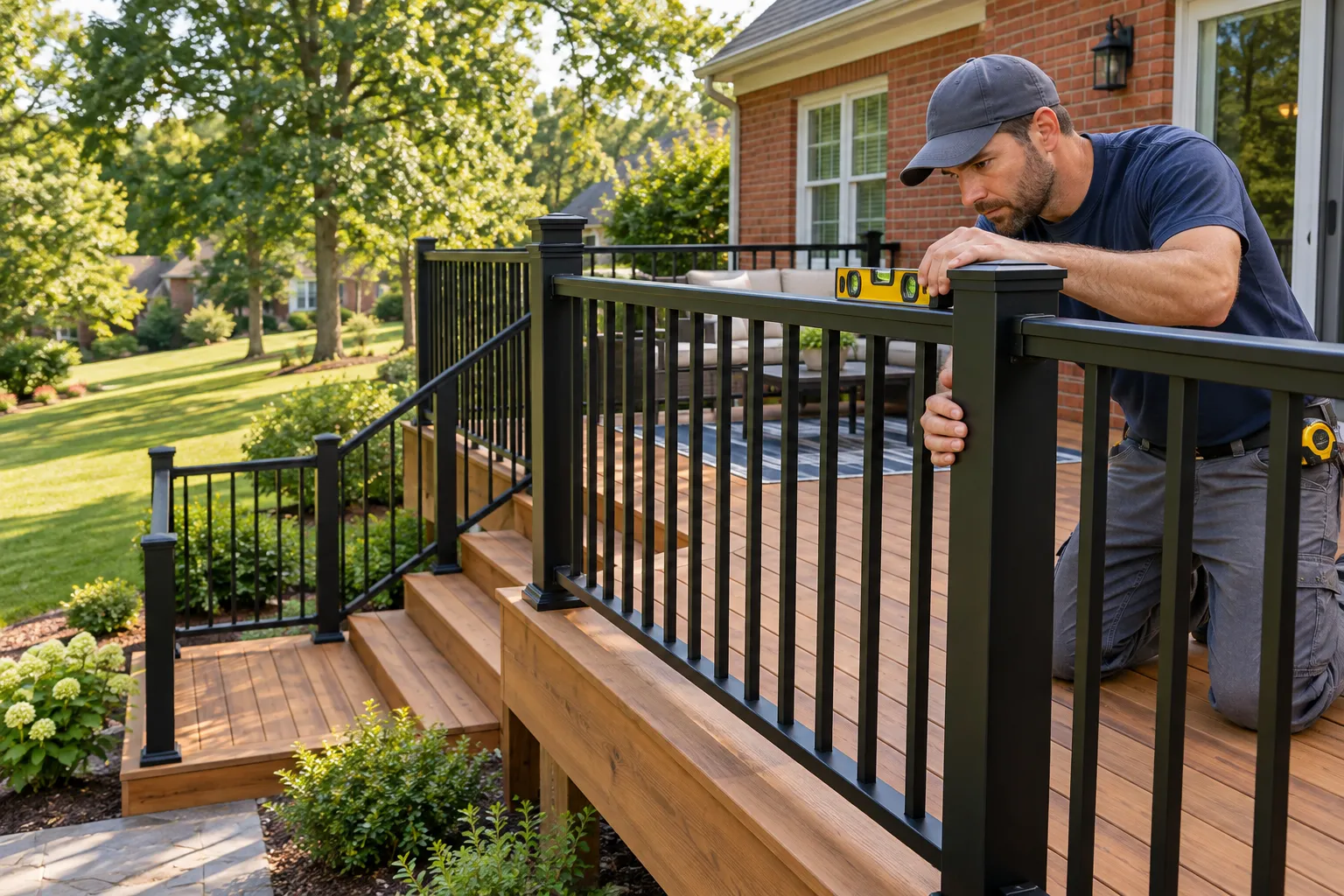 Illustrative installer checking a metal railing and stair connection